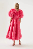 Coral Red Flower Tiered Mid Calf Women Maxi Dresses Modest Formal Party Dress  Floral Female Gowns