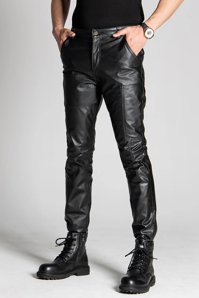 Winter Men's Leather Pants Male Casual Motorcycle Biker Trousers Windproof Warm Pencil Pants