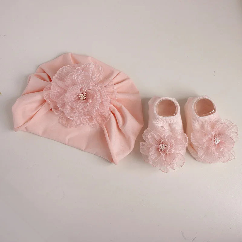 Princess Baby Girls Hat Socks Lace Flower Newborn Cap Headwrap Solid Floral Infant Girls Hats Turban Gift