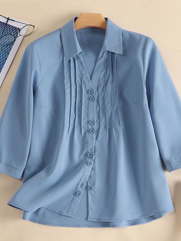 Women Shirt Lapel Neck 3/4 Sleeve Solid Tops Summer Casual Elegant Blouse Female Streetwear Loose Chemise