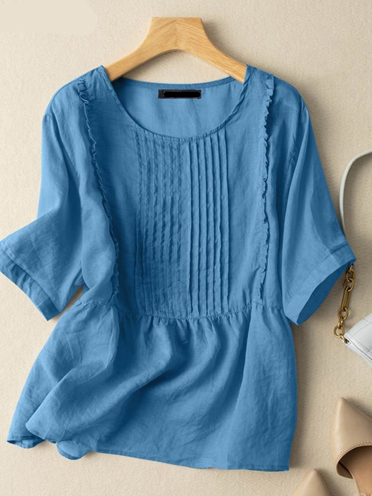 Summer Casual Women's Blouse Half Sleeve Solid Shirt Female O-Neck Chemise Button Cuffs Ruffles Tops