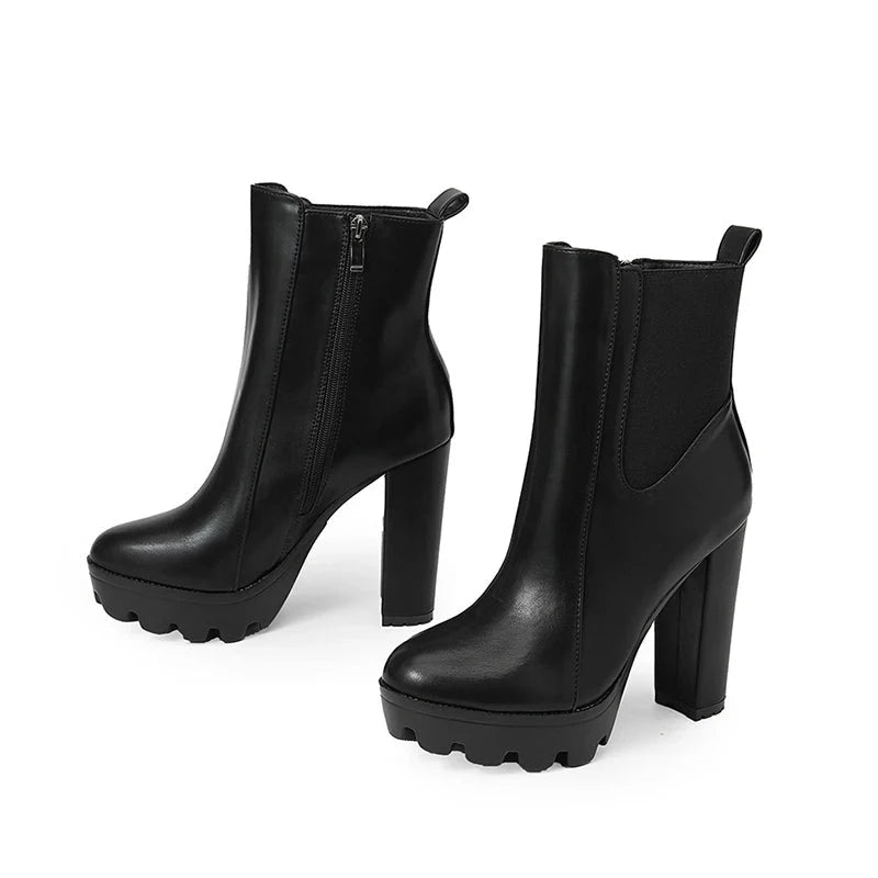 Ankle Boots for Women Elastic and Chunky Heel Round Toe Party Boots with Zipper