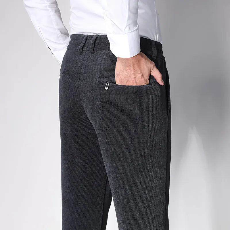 Spring Corduroy Men's Business Casual Trousers Zipper Pocket Elastic Waist Slim Jogging Pants Male Clothing