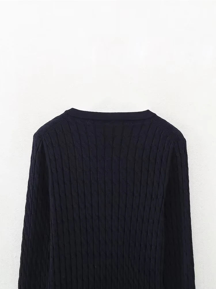 Women Vintage Navy Blue Long Sleeve V Neck Cable Knit Sweater Autumn Pullover Jumper
