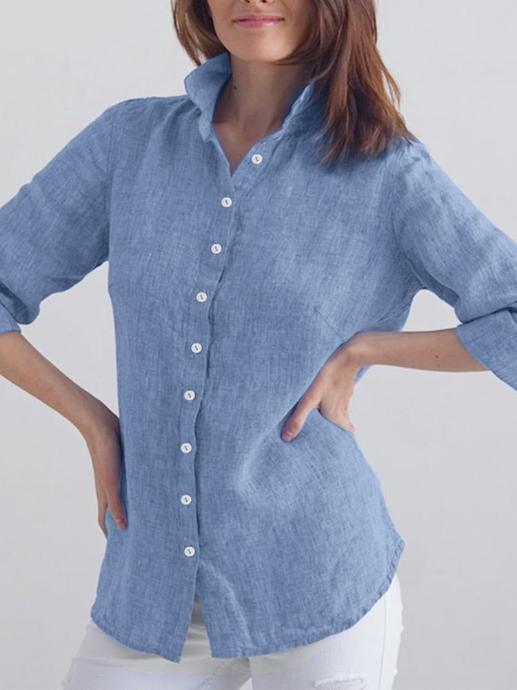 Women Long Sleeved Shirt Solid V-Neck Button Down Tops Casual Vintage Streetwear Blouse Office Tops