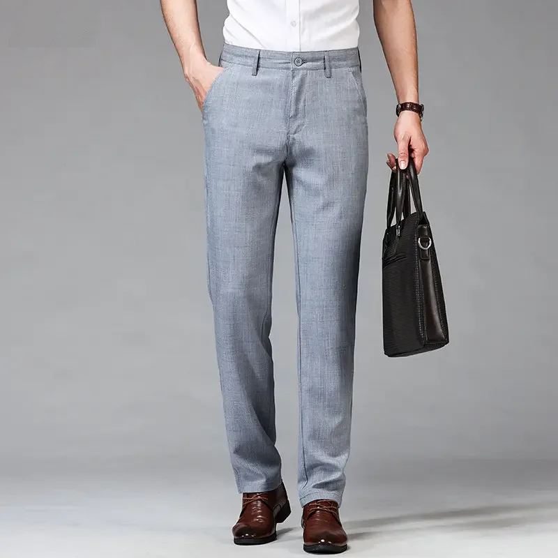 Summer Straight Men's Smart Casual Pants Imitation Linen Trend Plaid Trousers Man Full Length