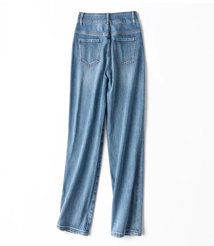 Casual and Versatile Denim Pants Silk Small Feet Solid Simple Jeans