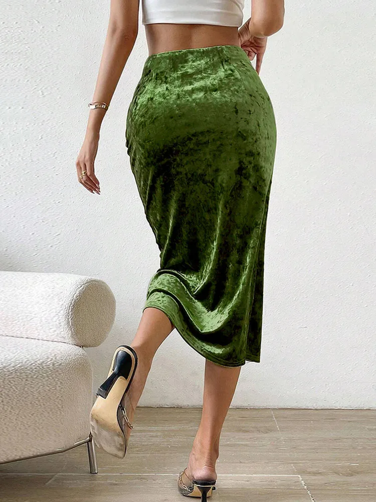 Autumn Winter High Split Velvet Wrap Skirt Green Office Midi Long Vintage Skater Pleated Ladies Pencil Skirt