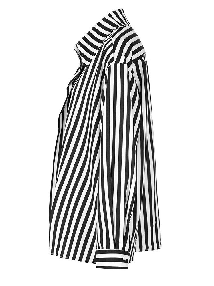 Women Khaki Striped Big Size Casual Blouse Lapel Long Sleeve Loose Fit Shirt Tide Spring Autumn