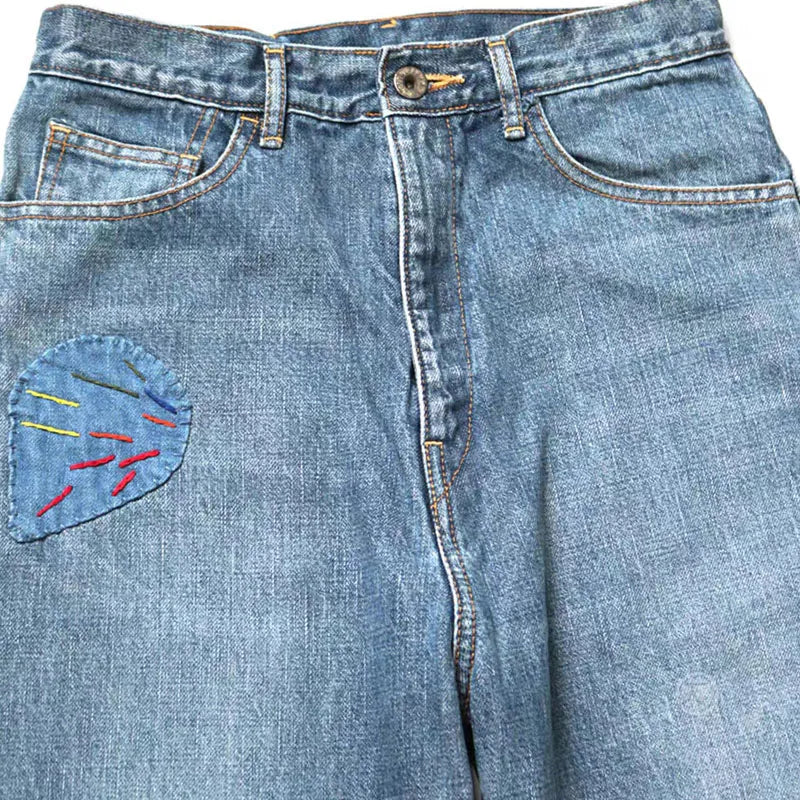 Retro Denim Boot Cut Pants Splice Fabric Wash Water Patch Embroidery Jeans for Men
