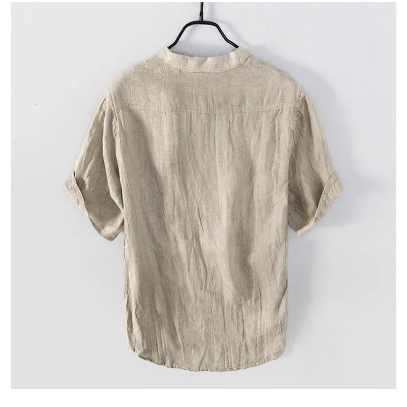 Summer Vintage Pure Linen Short Sleeve T Shirt for Men Thin Solid Slim Men Clothing