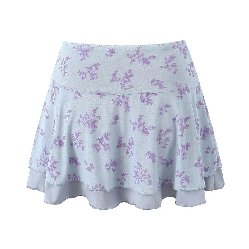 Women Floral Mesh Mini Skirt Sexy Elastic Low Waist A-line Ladies Holiday Summer Skirts