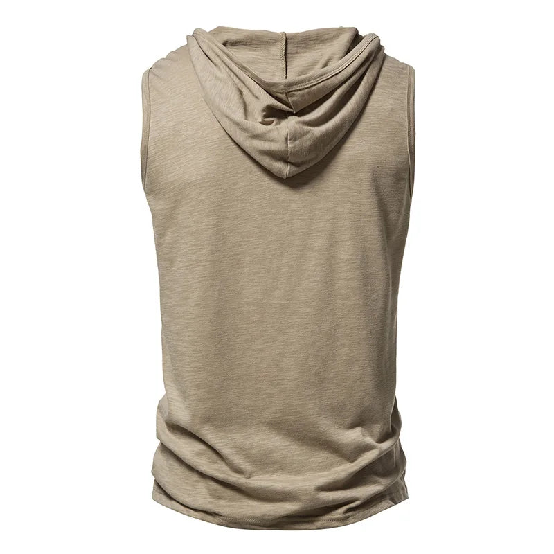 Mens Sleeveless Hooded Sweatshirt Summer Buttons Cotton Hoodies Casual Fitness Pullover Tops
