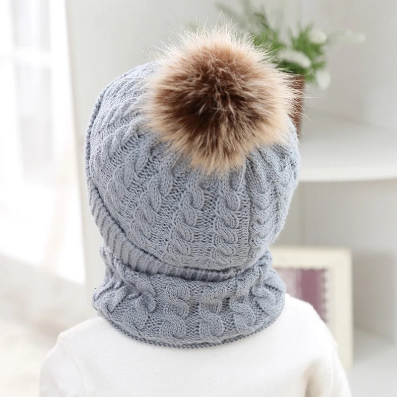 Christmas Gifts 3Pcs Baby Scarf Gloves Beanie Set Boy Girl Pompom Thick Warm Pullover Cap Solid Color Knit Mittens Scarves Hat