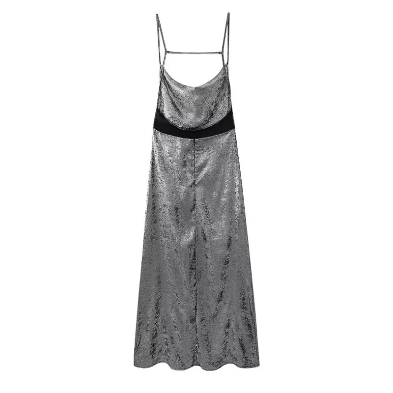 Women's Inner Style Sling Dresses Metallic Texture Backless Slim Back Zipper Ankle MIDI Skirt