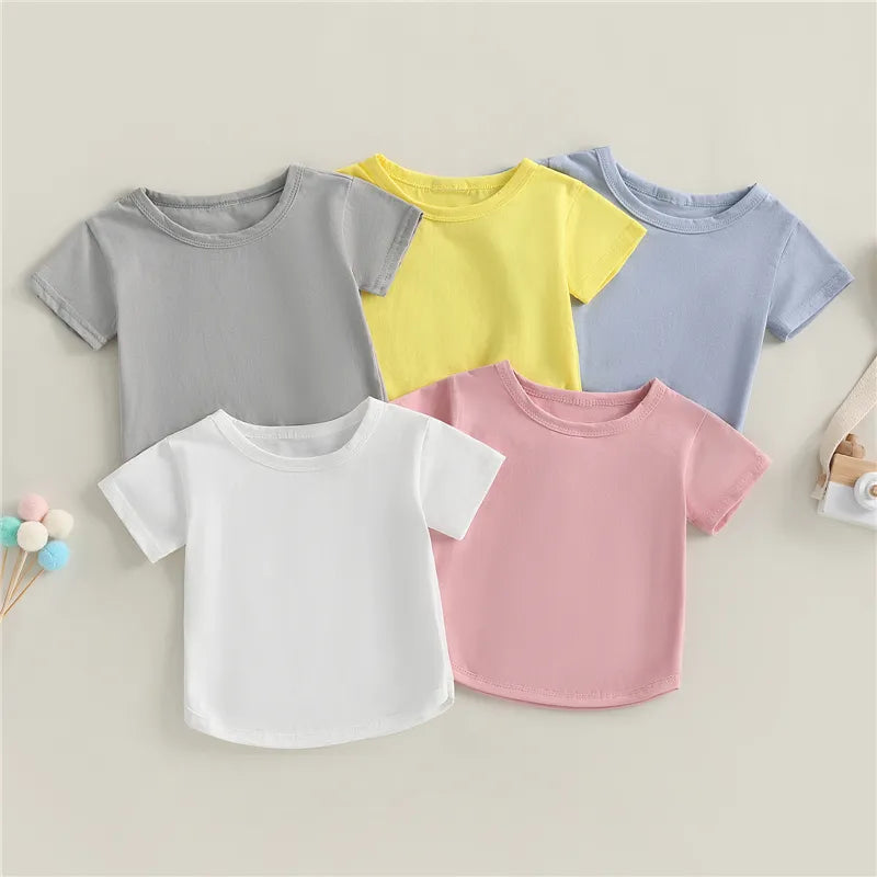 Kids Boy Girls T-Shirt Casual Summer Round Neck Solid Color Loose Short Sleeve Pullover Shirt Toddler Baby Tee Top Clothing