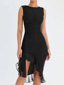 Elegant Ruffle Midi Dress For Women Robe Summer Backless Irregular Club Party Dress