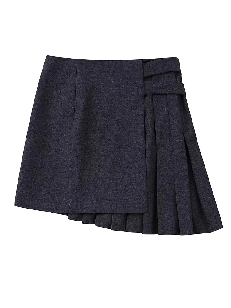 Women Dark Pleat Mini Skirt Vintage High Waist Female Asymmetric Winter Skirts