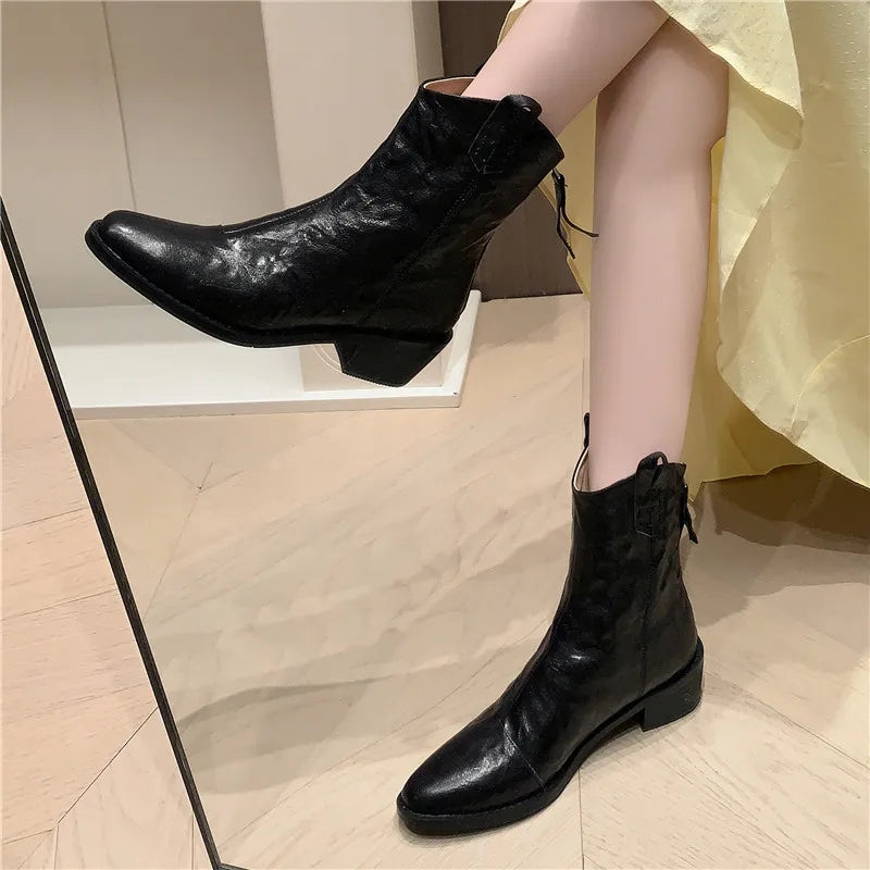 Ladies Zipper Ankle Boots Leather Winter Boots Square Med Heels Women Shoes