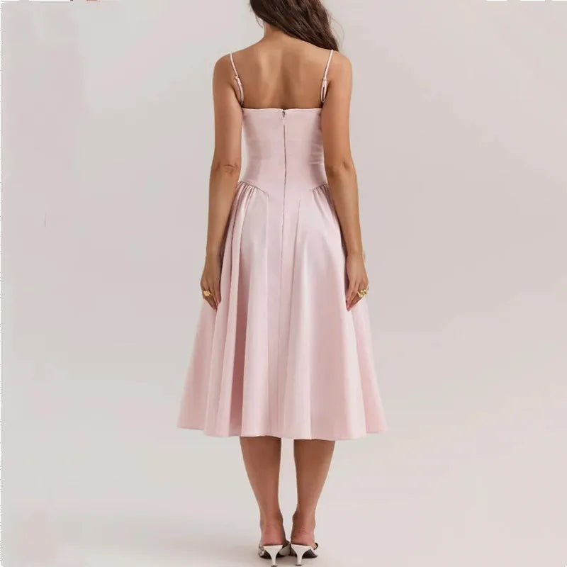 Romantic Wire Corset Style Low Waist Ruched Pleated Swing Long Midi Dress Women Sexy Summer Midi Sling