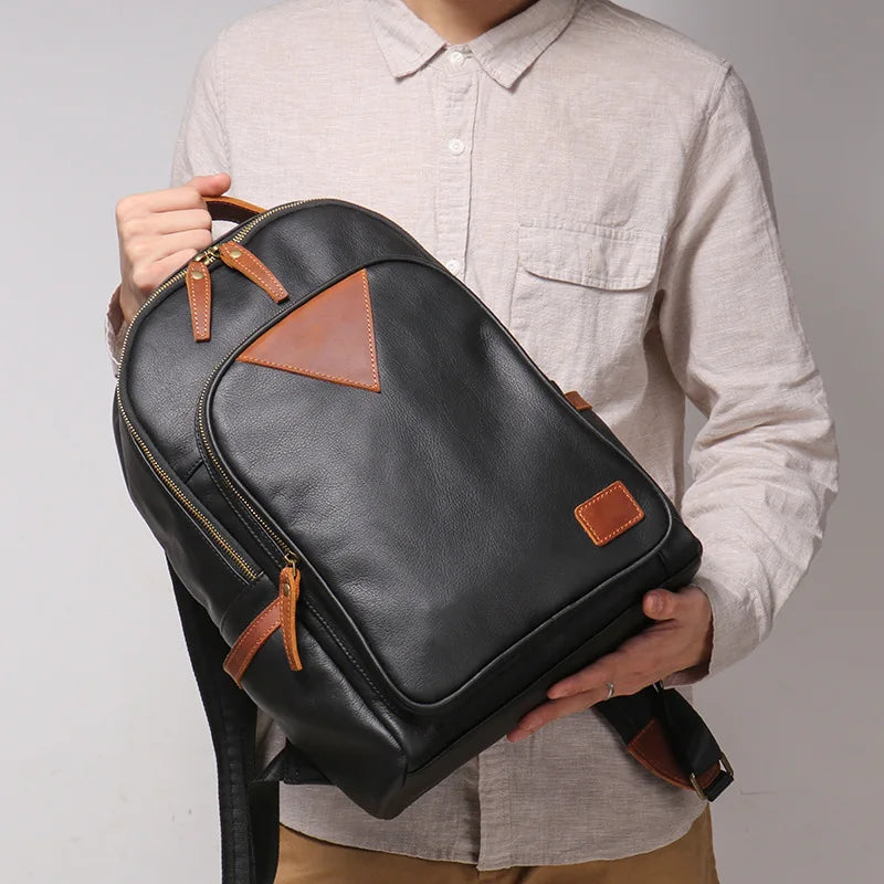 Genuine Leather Men's Bag Leather Backpack Large Capacity Computer Bag Personalized Contrast Travel Bag