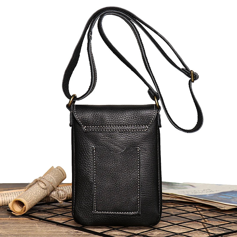 Retro Flip Black Small Shoulder Bag for Men Genuine Leather Sling Crossbody Bags Minority Design Man Simple