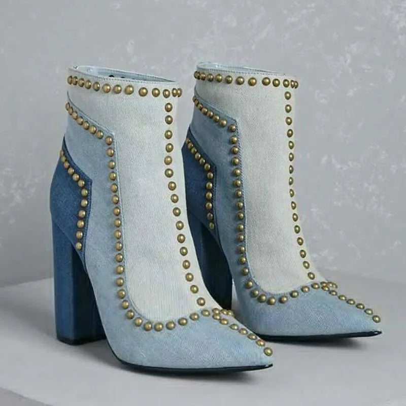 Golden Line Rivets Studs Denim Ankle Boots Pointed Toe Ladies Chunky Heel Boots Back Zip