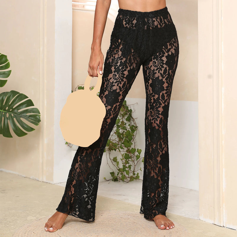 Women’s Sheer Lace Pants High Waist See Through Flare Pants Bell-Bottoms Trousers Beachwear