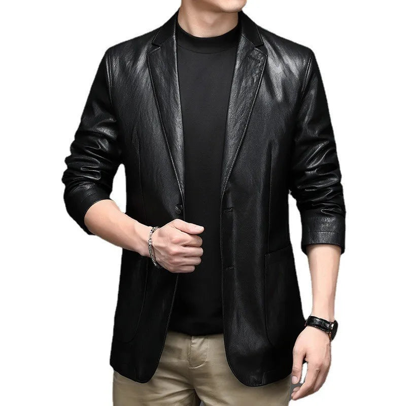 Men's Leather Autumn and Winter Wire Leather Suit Non-ironing Anti-wrinkle Slim-fit Leather Suit Men's Coat