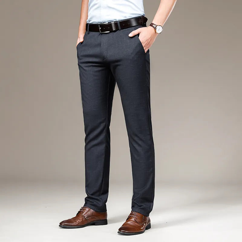Spring and Summer Fitted Straight Mens Thin Plaid Pants Office Business Casual Clothing High Waist Lightweight  Trousers