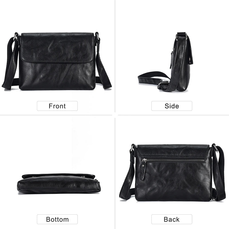 Genuine Leather Men's Crossbody Bag Flap Shoulder Bags Black Small Messenger Bag Work