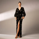 Deep Long Sleeved Black Long Dress Luxury Women Sequin High Slit Party Evening Gown