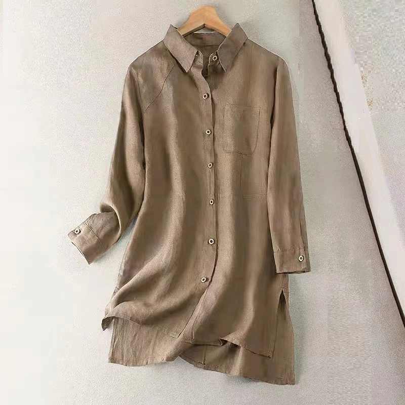 Linen Shirts Women Vintage Mid-length Tops Single Breasted Spring