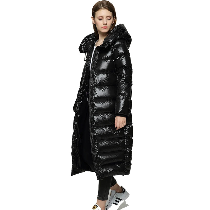 Down Jacket Women Autumn Winter Nice Warm Hooded Solid Black Glossy Thicken White Duck Down Coat