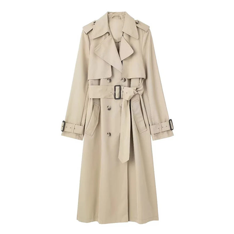Autumn Overcoat Women Double Breasted Casual Long Sleeved Trench Coat With Waistband Coat Women's Trench