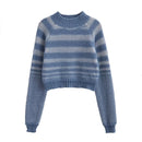 Autumn Women Long Sleeve Round Neck Striped Crop Knit Sweater