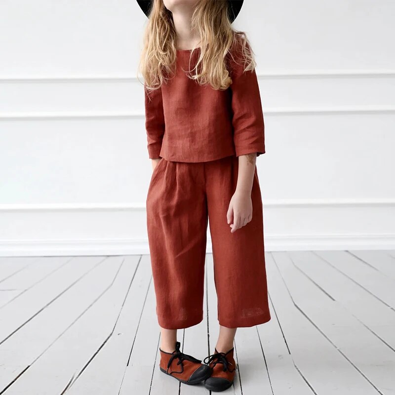 Retro Brick Red Cotton And Linen Girls Suit Spring Summer  Sleeve Tops Straight Pants 2pcs Sets