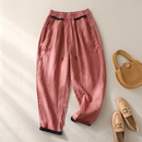 Summer Casual Pants Women Patchwork Drawstring Cotton Hemp Ankle Length Pants