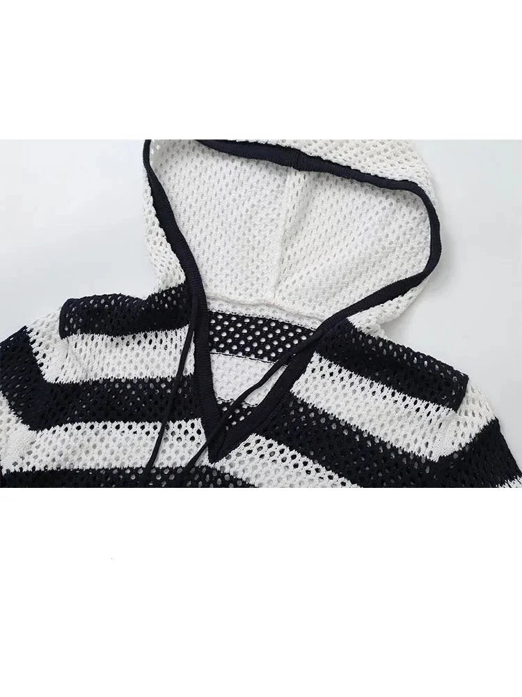 Spring Knitted Tops Woman Trendy Black White Stripes Hooded Hollow Out Female Casual Pullovers