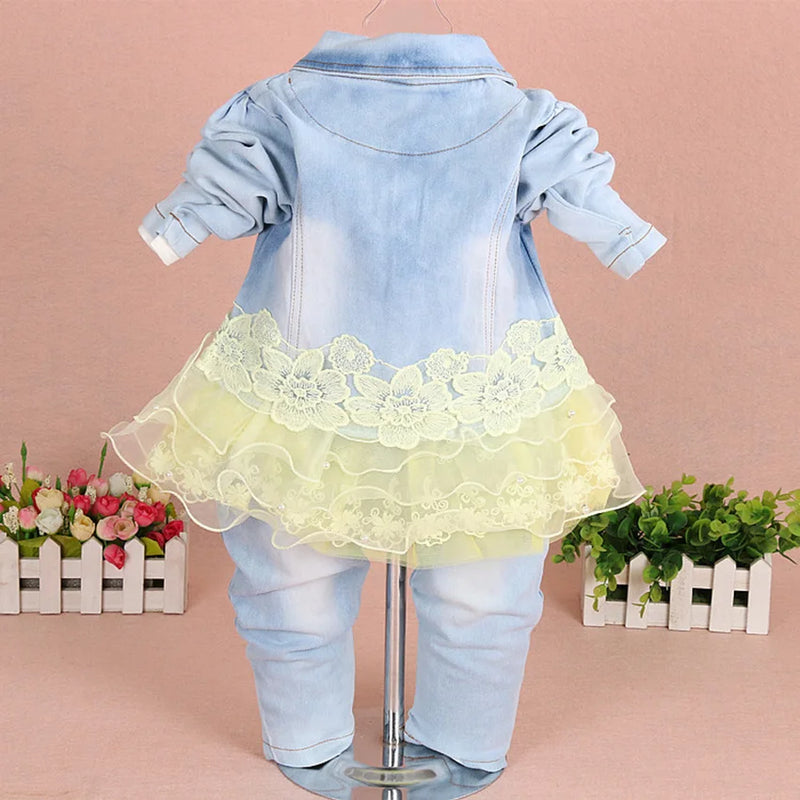 Baby Girls Denim Clothing Sets Dress Tops  Jacket and Jeans Trousers Autumn Clothing Baby Girl Suits