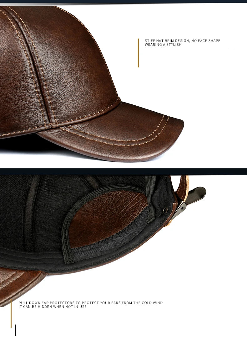 Warm Hat Man Winter Genuine Leather Baseball Caps Male Casual Belt Ear Protect