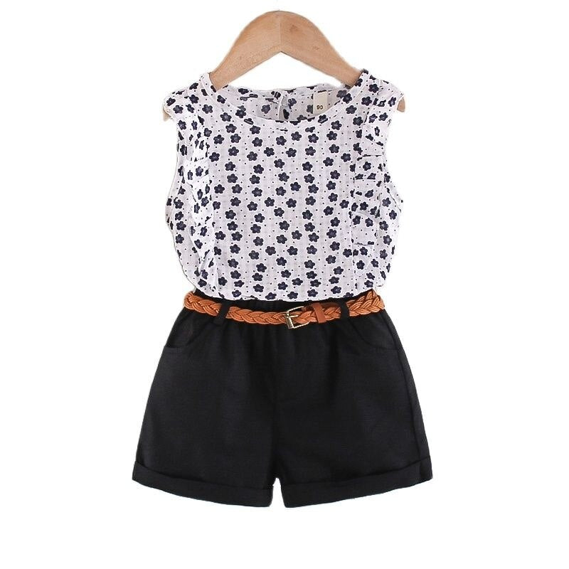 Summer Chiffon Suit 2 Sleeveless Tops Shorts Two Piece Set Women Floral Children Clothing Suit Outfits