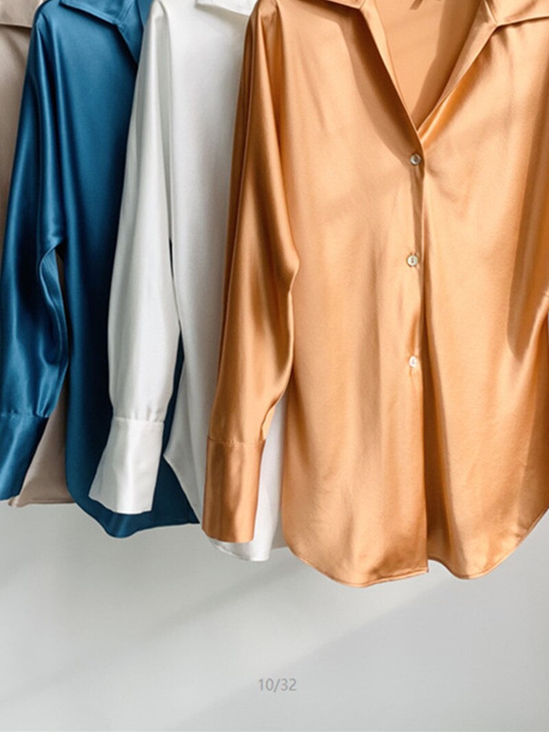 Elegant Ladies Solid Color Silk Satin Shirt Spring New Women Lantern Sleeves Single-Breasted Turn-Down Collar Blouse