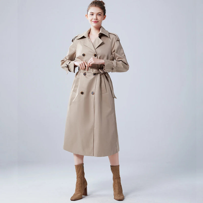 Autumn Winter Classy Design Luxury Quality European Straight Belt Pockets Women Chic Trench Long Coat