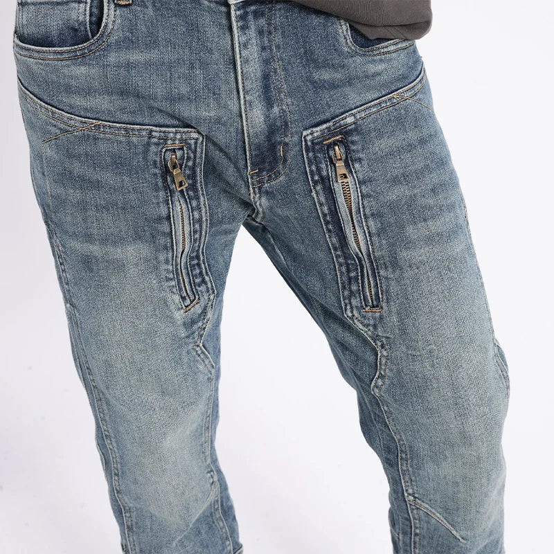 Men Jeans Retro Light Blue Elastic Slim Fit Spliced Biker Jeans Men Zipper Designer Hip Hop Pants