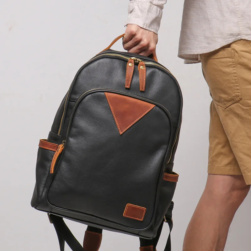 Genuine Leather Men's Bag Leather Backpack Large Capacity Computer Bag Personalized Contrast Travel Bag