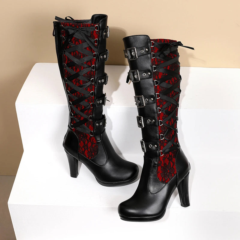 Women's Belt Buckle Knee High Boots Winter Keep Warm Female Lace Long Boot Gothic Mature Ladies Platform Knee Boottes