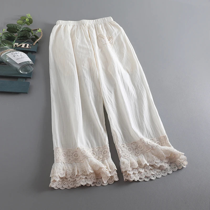 Summer Style Mori Girl Solid Cotton Lace Pants Loose Casual Women Cropped trousers
