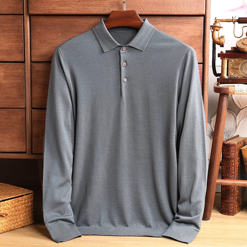 Men's Polo Collar Knit Sweater Autumn Solid Business Casual Wool Knit Pullovers