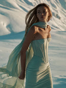 Enchanting Strapless Corset Mint Dress with Floaty Scarf for High-Profile Events Evening Gown